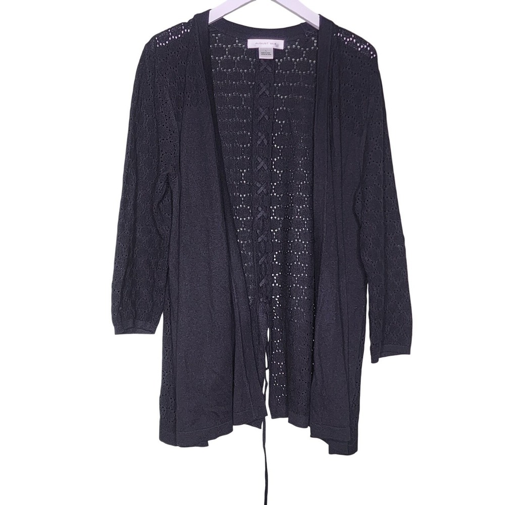 August Silk Black Open Cardigan Sweater Lace Up Back Cottage Large